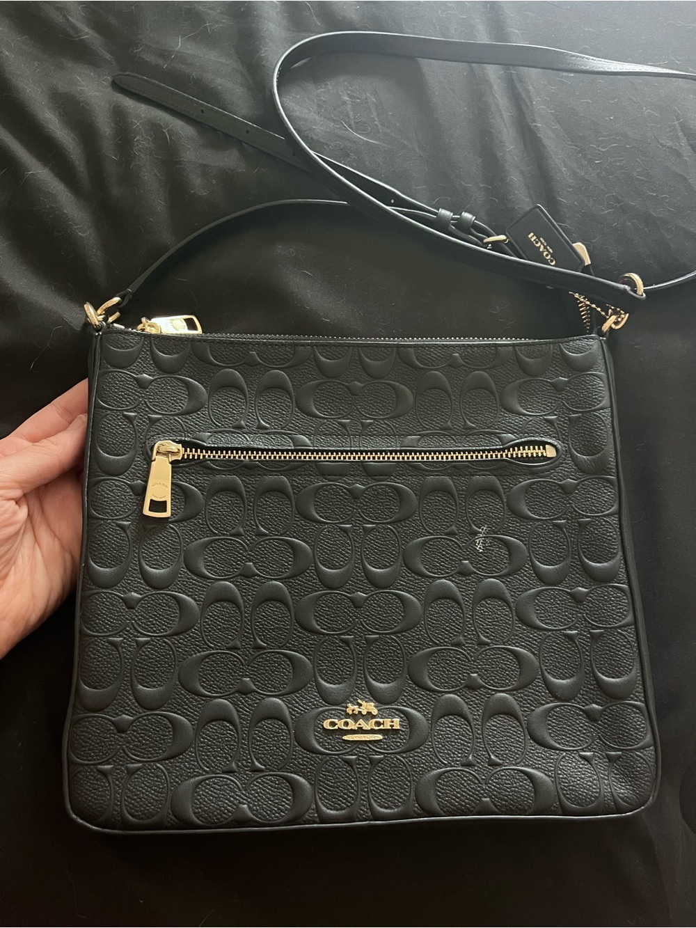Coach Black Embossed Signature Leather Crossbody with Gold Hardware